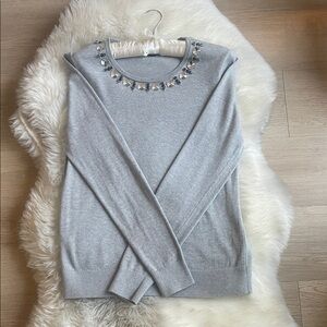 Ann Taylor Light Gray Embellished Crewneck Sweater